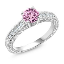 Gem Stone King 925 Sterling Silver Ring Round Pink Created Sapphire and Moissanite (1.15 Cttw, Size 5)
