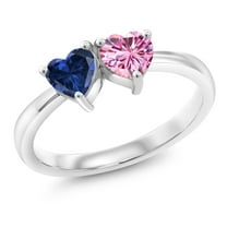 Gem Stone King 925 Sterling Silver Fashion Right-Hand Ring Heart Shape Blue Created Sapphire and Vivid Pink Moissanite (1.00 Cttw, Size 8)