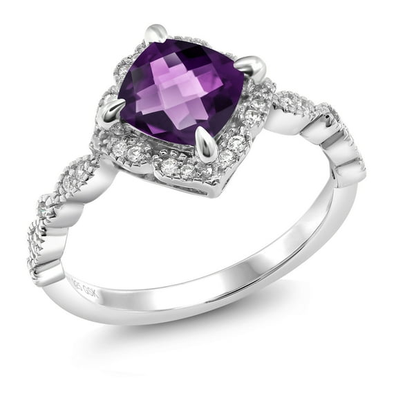 Gem Stone King 925 Sterling Silver Ring Cushion Amethyst and Moissanite (1.59 Cttw) (Size 7)