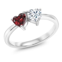Gem Stone King 925 Sterling Silver Fashion Right-Hand Ring Set with Heart Shape Red Garnet and Moissanite (1.10 Cttw, Size 7)