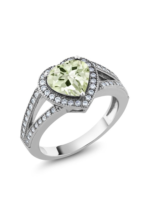 925 Sterling Silver Ring Heart Shape Prasiolite and Moissanite (2.04 Cttw) (Size 8)
