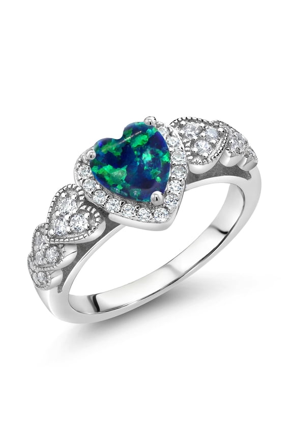 925 Sterling Silver Simulated Green Opal and White Moissanite Halo Ring for Women | 0.93 Cttw | Heart Shape 6MM | Gemstone October Birthstone | Size 5