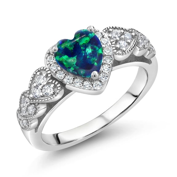 Gem Stone King 925 Sterling Silver Simulated Green Opal and White Moissanite Halo Ring for Women | 0.93 Cttw | Heart Shape 6MM | Gemstone October Birthstone | Size 5