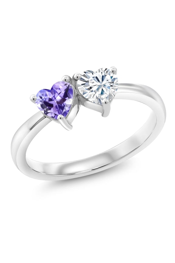 925 Sterling Silver Fashion Right-Hand Ring Set with Heart Shape Blue Tanzanite and Moissanite (1.00 Cttw, Size 6)