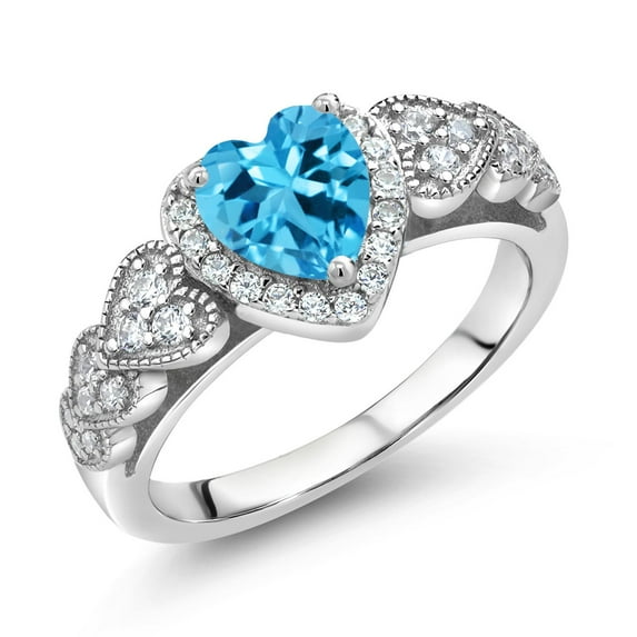 Gem Stone King 925 Sterling Silver Swiss Blue Topaz and White Moissanite Halo Ring for Women | 1.13 Cttw | Heart Shape 6MM | Gemstone November Birthstone | Size 8