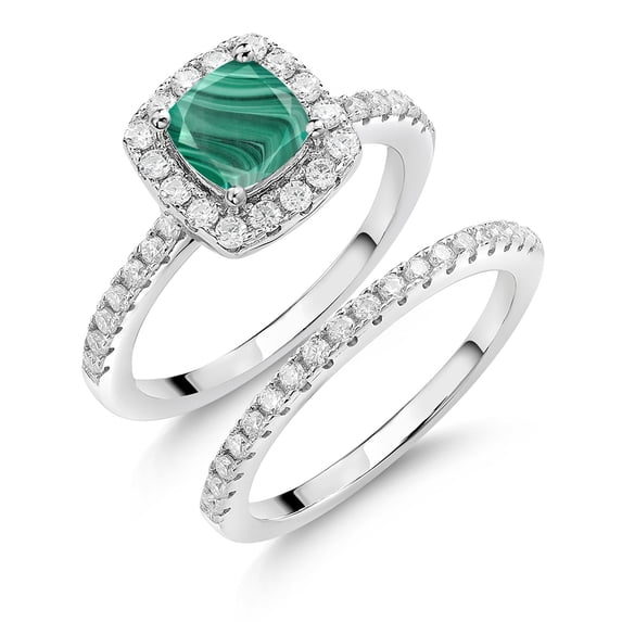 Gem Stone King 925 Sterling Silver Ring Malachite Moissanite (2.02 Cttw)