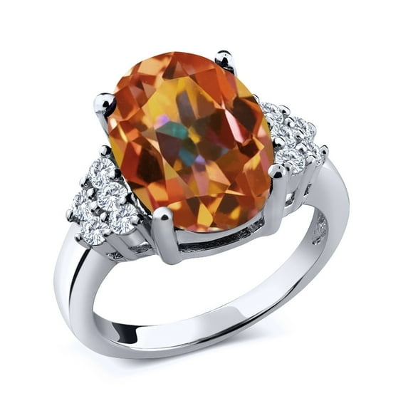 Gem Stone King 925 Sterling Silver Ring Oval Ecstasy Mystic Topaz and Moissanite (5.38 Cttw, Size 9)