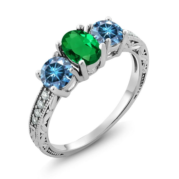 Gem Stone King 925 Sterling Silver 3-Stone Ring Oval Green Nano Emerald and Vivid Persian Blue Moissanite (1.72 Cttw, Size 8)