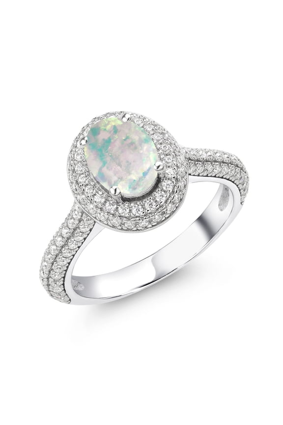 925 Sterling Silver Ring Oval/Cabochon Simulated Opal Moissanite (1.64 Cttw)