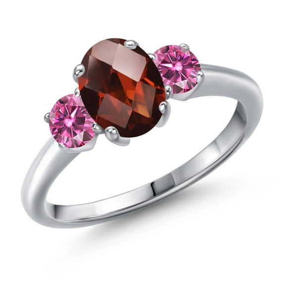 Gem Stone King 925 Sterling Silver Ring Oval/Checkerboard Garnet and Pink Moissanite (1.99 Cttw)