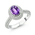 thumbnail image 1 of Gem Stone King 925 Sterling Silver Ring Oval Checkerboard Purple Amethyst and White Moissanite Engagement Ring for Women (1.84 Cttw, Gemstone Birthstone, Available in Size 5, 6, 7, 8, 9), 1 of 5