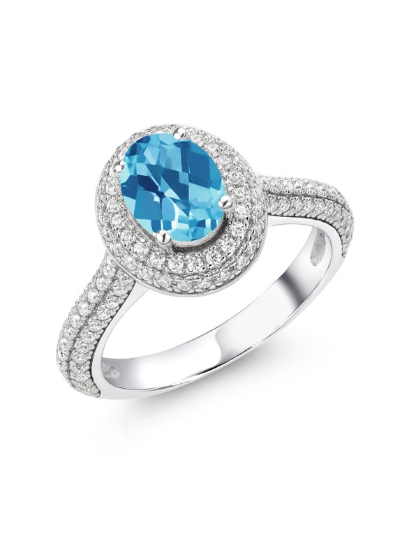 925 Sterling Silver Ring Oval/Checkerboard Swiss Blue Topaz and Moissanite | 1.94 Cttw | Size 7