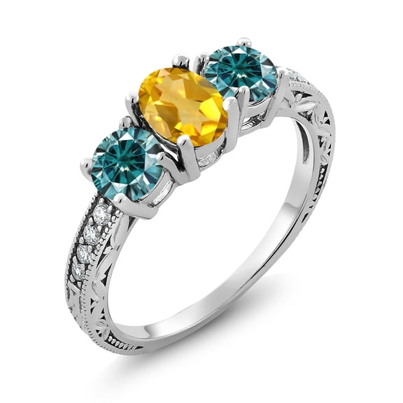 Gem Stone King 925 Sterling Silver Ring Oval Citrine Blue Moissanite (1.87 Cttw) (Size 9)
