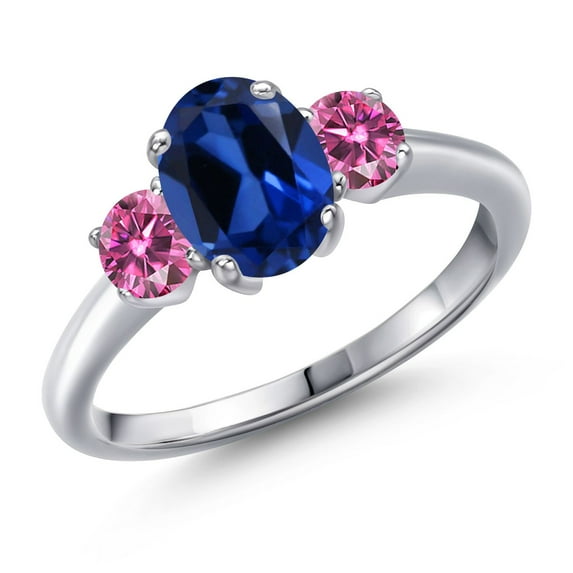 Gem Stone King 925 Sterling Silver Ring Oval Created Sapphire and Pink Moissanite (2.06 Cttw)
