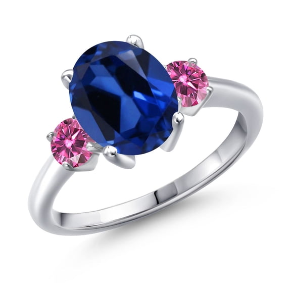 Gem Stone King 925 Sterling Silver Ring Oval Blue Created Sapphire and Vivid Pink Moissanite (3.76 Cttw, Size 8)