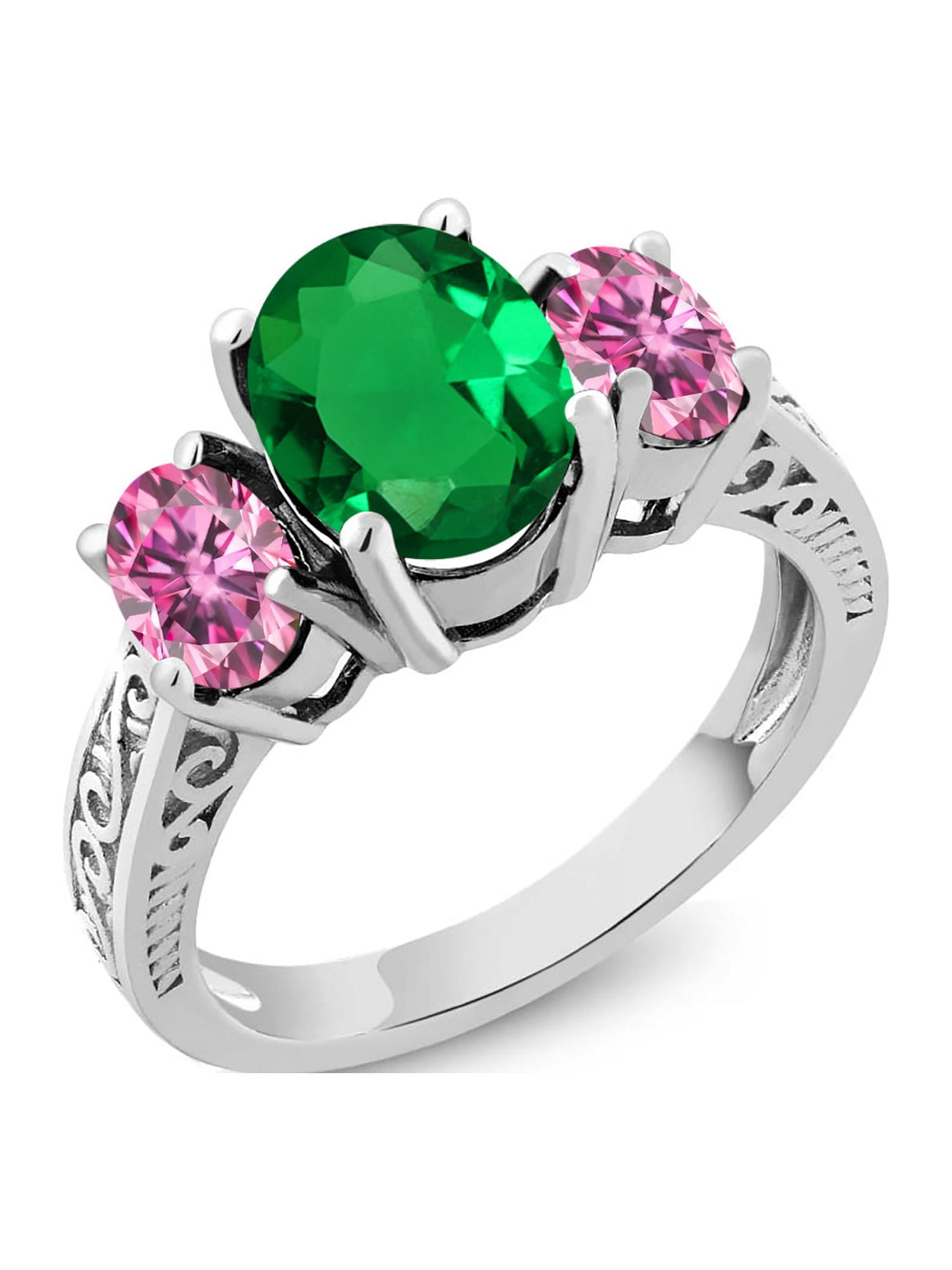 Gem Stone King 925 Sterling Silver Ring Oval Nano Emerald Pink