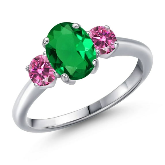 Gem Stone King 925 Sterling Silver Ring Oval Nano Emerald and Pink Moissanite (1.21 Cttw)