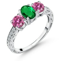 Gem Stone King 925 Sterling Silver 3-Stone Ring Oval Green Nano Emerald and Vivid Pink Moissanite (1.72 Cttw, Size 7)