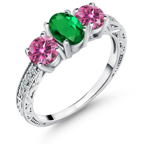 Gem Stone King 925 Sterling Silver 3-Stone Ring Oval Green Nano Emerald and Vivid Pink Moissanite (1.72 Cttw, Size 7)