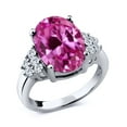 thumbnail image 1 of Gem Stone King 925 Sterling Silver Ring Oval Pink Created Sapphire and White Moissanite Ring for Women (7.88 Cttw, Size 5), 1 of 4