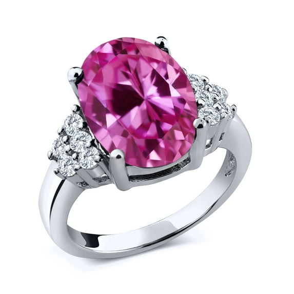 Gem Stone King 925 Sterling Silver Ring Oval Pink Created Sapphire and White Moissanite Ring for Women (7.88 Cttw, Size 7)