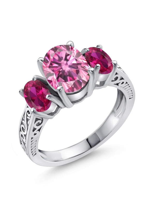 925 Sterling Silver 3-Stone Ring Oval Pink Moissanite and Created Ruby Red (3.00 Cttw, Size 7)