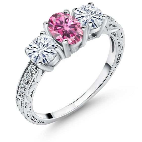 Gem Stone King 925 Sterling Silver Ring Oval Pink Moissanite and Moissanite (2.02 Cttw)