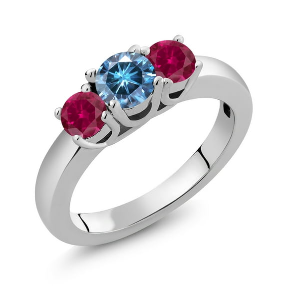 Gem Stone King 925 Sterling Silver 3-Stone Ring Round Persian Blue Moissanite and Created Ruby Red (1.00 Cttw, Size 9)