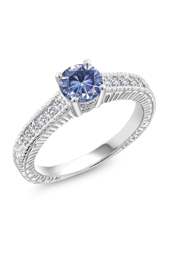 925 Sterling Silver Ring Round Persian Blue Moissanite and Created Sapphire White (0.95 Cttw, Size 5)
