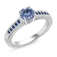 thumbnail image 1 of Gem Stone King 925 Sterling Silver Ring Round Persian Blue Moissanite and Created Sapphire Blue (1.00 Cttw, Size 6), 1 of 5