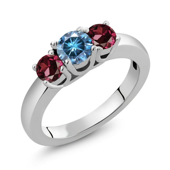 Gem Stone King 925 Sterling Silver 3-Stone Ring Round Persian Blue Moissanite and Rhodolite Garnet Red (1.24 Cttw, Size 5)