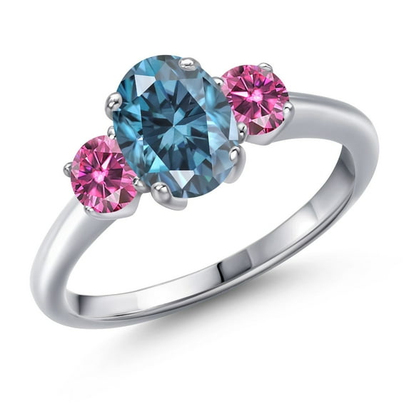 Gem Stone King 925 Sterling Silver Ring Persian Blue Moissanite and Moissanite Pink (1.84 Cttw)