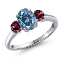Gem Stone King 925 Sterling Silver Ring Oval Persian Blue Moissanite and Rhodolite Garnet Red (2.12 Cttw, Size 7)