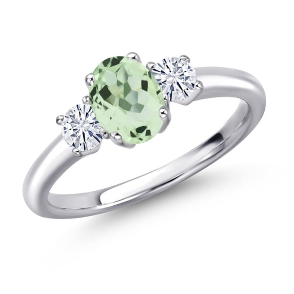Gem Stone King 925 Sterling Silver Green Prasiolite and White Moissanite Engagement Ring for Women | 1.07 Cttw | Oval 7X5MM | Gemstone Birthstone | Size 6