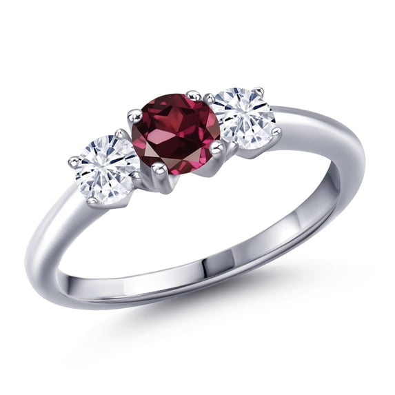 Gem Stone King 925 Sterling Silver Red Rhodolite Garnet and White Moissanite Engagement Ring for Women | 1.06 Cttw | Round 5MM | Gemstone January Birthstone | Size 9