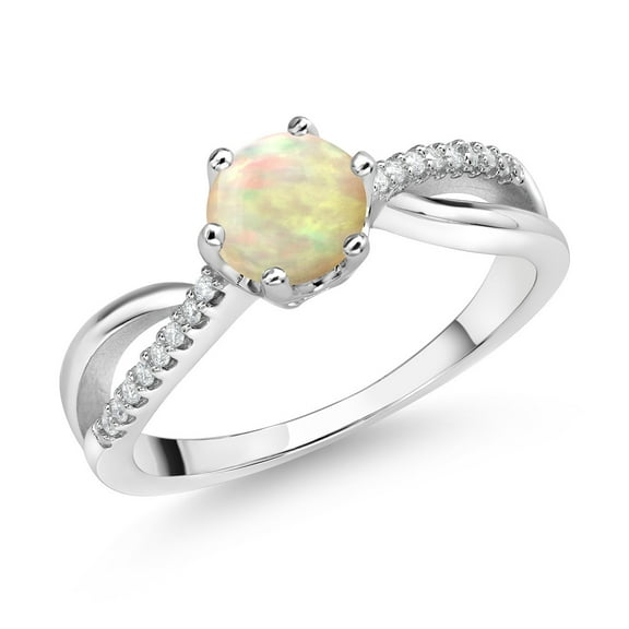 Gem Stone King 925 Sterling Silver Ring Round Cabochon Ethiopian Opal and Moissanite (0.64 Cttw) (Size 7)