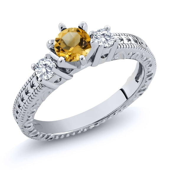 Gem Stone King 925 Sterling Silver 3-Stone Ring Set with Round Yellow Citrine and Moissanite (0.93 Cttw, Size 6)