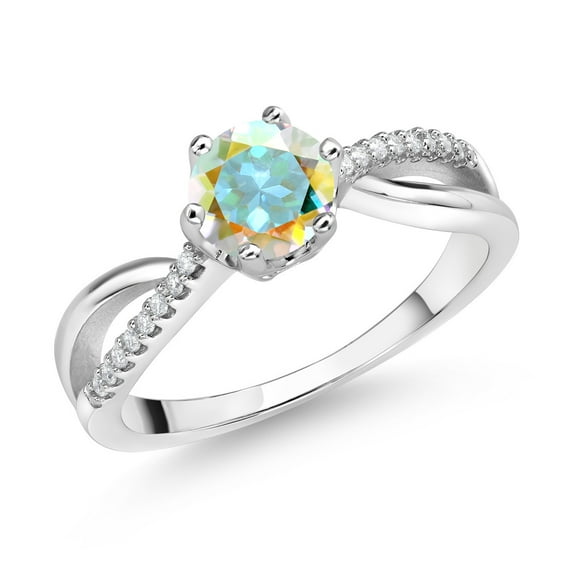 Gem Stone King 925 Sterling Silver Ring Round Mystic Topaz and Moissanite (1.08 Cttw) (Size 7)