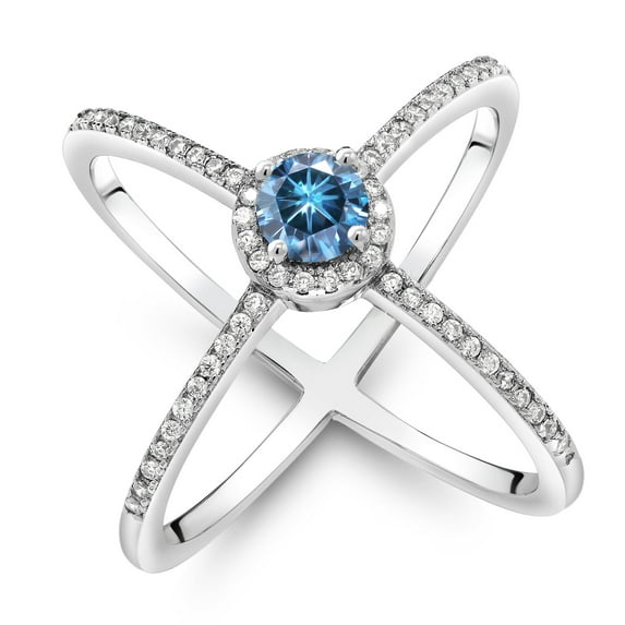 Gem Stone King 925 Sterling Silver Ring Round Persian Blue Moissanite and (1.32 Cttw, Size 5)