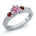 thumbnail image 1 of Gem Stone King 925 Sterling Silver 3-Stone Ring Round Pink Moissanite and Garnet Red (0.80 Cttw, Size 6), 1 of 2
