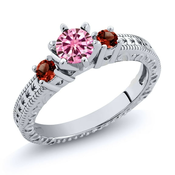 Gem Stone King 925 Sterling Silver 3-Stone Ring Round Pink Moissanite and Garnet Red (0.80 Cttw, Size 6)