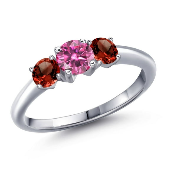 Gem Stone King 925 Sterling Silver Pink Moissanite and Red Garnet Engagement Ring for Women | 1.24 Cttw | Round 5MM | Gemstone Birthstone | Size 5