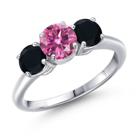 Gem Stone King 925 Sterling Silver Pink Moissanite and Black Onyx Engagement Ring for Women | 1.75 Cttw | Round 6MM | Gemstone Birthstone | Size 8