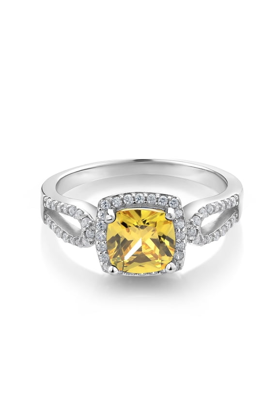 925 Sterling Silver Canary Zirconia Women Engagement Ring (2.22 Cttw, Cushion Cut 7MM, Size 7)