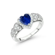 Gem Stone King 925 Sterling Silver Ring Set with Heart Shape Created Sapphire and Moissanite (0.98 Cttw)