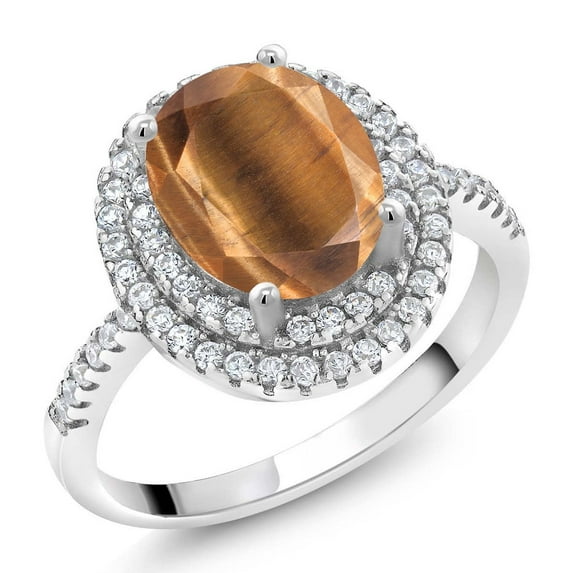 Gem Stone King 925 Sterling Silver Ring Oval Brown Tiger Eye and Moissanite (1.93 Cttw) | Size 5