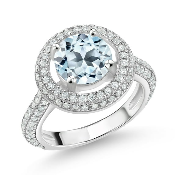 Gem Stone King 925 Sterling Silver Ring Round Sky Blue Topaz and Moissanite (3.17 Cttw, Size 5)