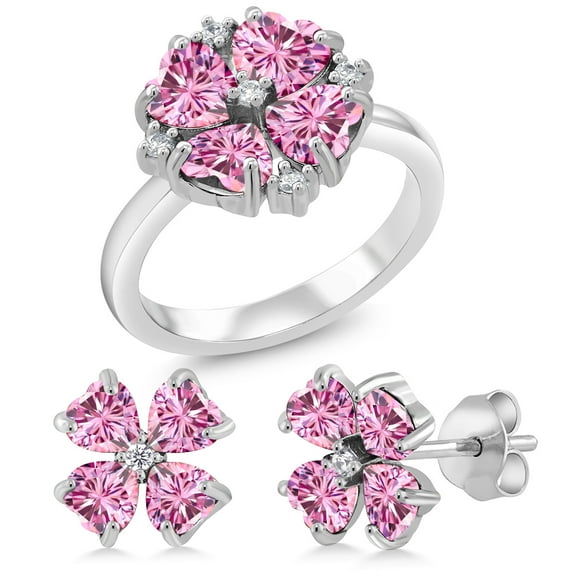 Gem Stone King 925 Sterling Silver Fashion Clover Ring and Earrings Jewelry Set By Heart Shape Pink Moissanite and Vivid Moissanite Pink (4.05 Cttw, Size 6)