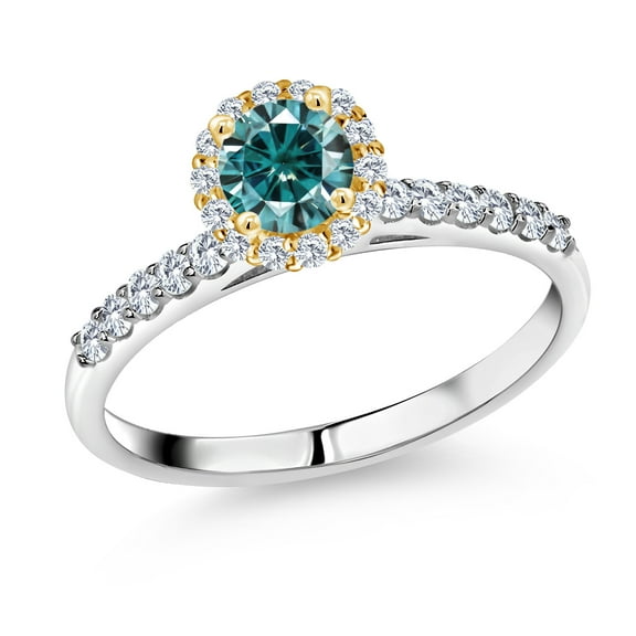 Gem Stone King 925 Sterling Silver Ring with 10K Yellow Gold Prongs Blue Moissanite and Lab Grown Diamond (0.79 Cttw, Size 8)
