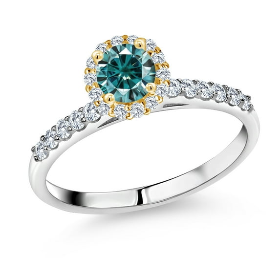 Gem Stone King 925 Sterling Silver Ring with 10K Yellow Gold Prongs Blue Moissanite and Lab Grown Diamond (0.79 Cttw, Size 5)